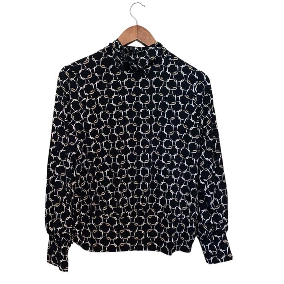 NWT Adrienne Vittadini Women's Blouse B&W Geometric High-Neck Banded Waist Sz - Picture 1 of 14